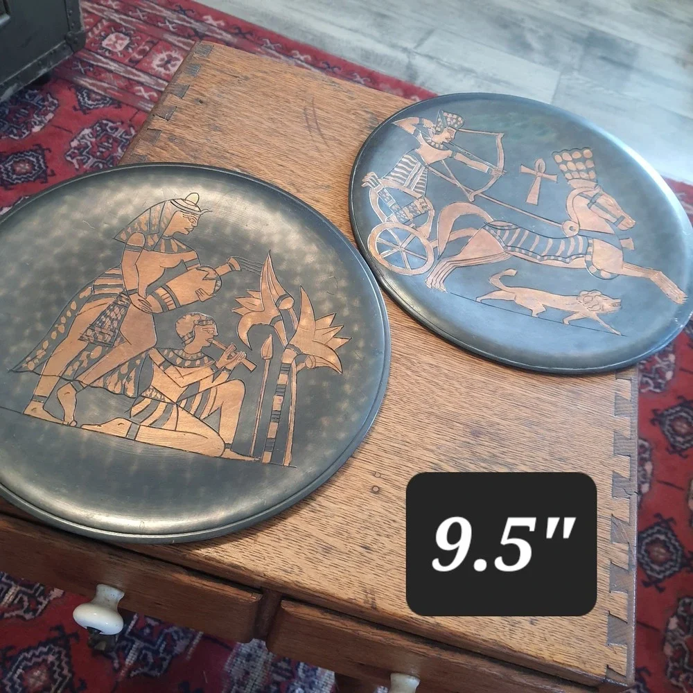 2 Vintage Egyptian Copper Black Enameled Plates Wall Hanging Decorative 9.5